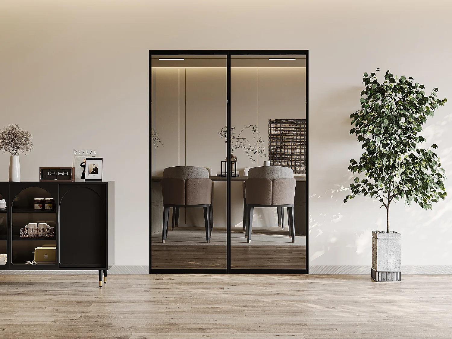 Drzwi przesuwne podwójne z ukrytym systemem przesuwnym – aluminium i szkło hartowane przydymione – 2 x wys. 205 x dł. 63 cm – LINCI II 4022477