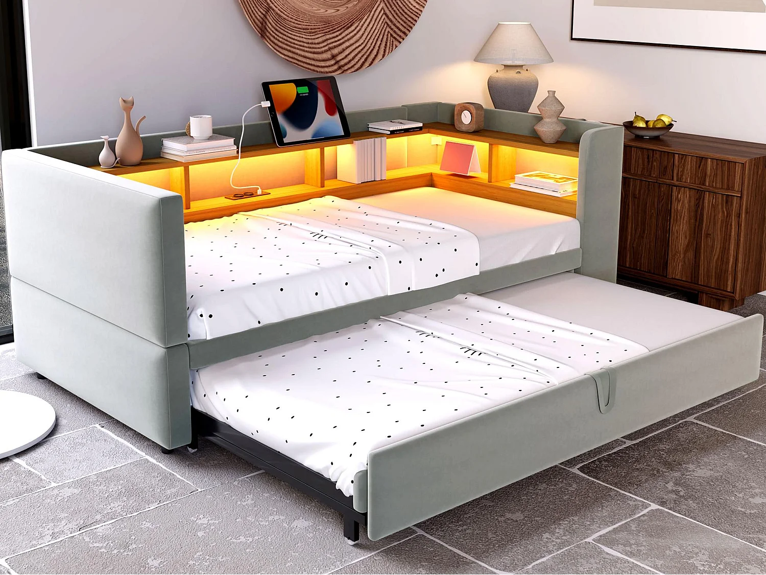Kanapa rozkładana tapicerowana 90/180x190 cm - z oświetleniem LED - z gniazdkiem - liczne schowki - jasnoszara (materac nie wchodzi w skład) 4008790 - obrazek 1