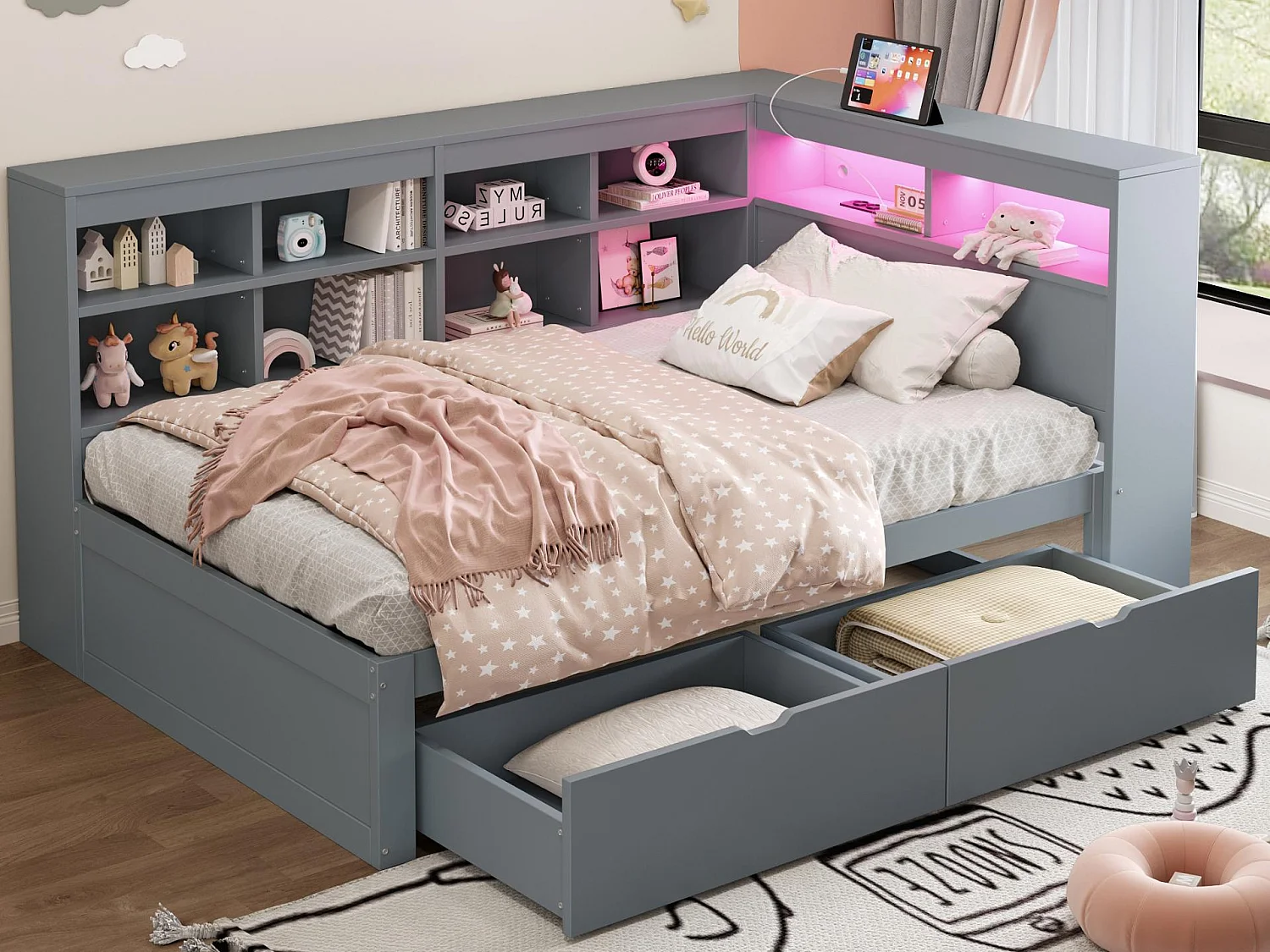 Kanapa z funkcją spania z litego drewna 90 x 200 cm - z schowkiem - z USB - z oświetleniem LED + z gniazdkiem - szara (bez materaca) 4031846 - obrazek 1