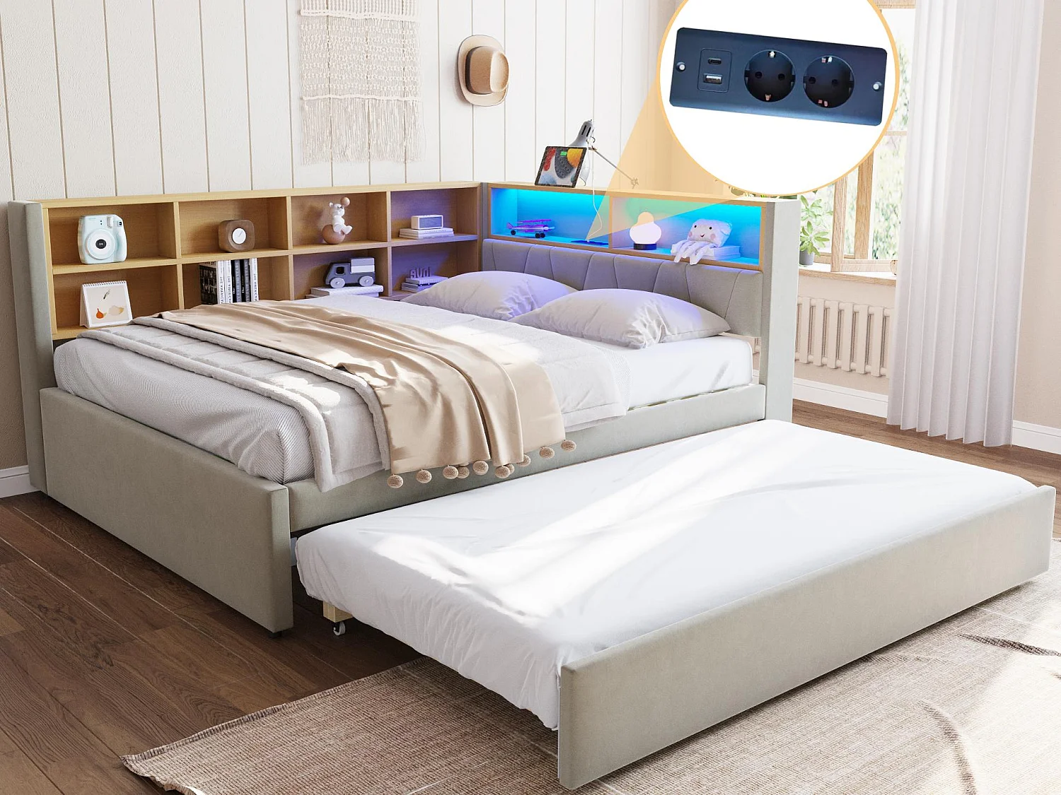 Kanapa rozkładana 140x200 - z łóżkiem wysuwanym 90x190 cm - z gniazdem USB - liczne schowki - tapicerowane łóżko - Jasnoszary (materac nie jest w zestawie) 4008783 - obrazek 1