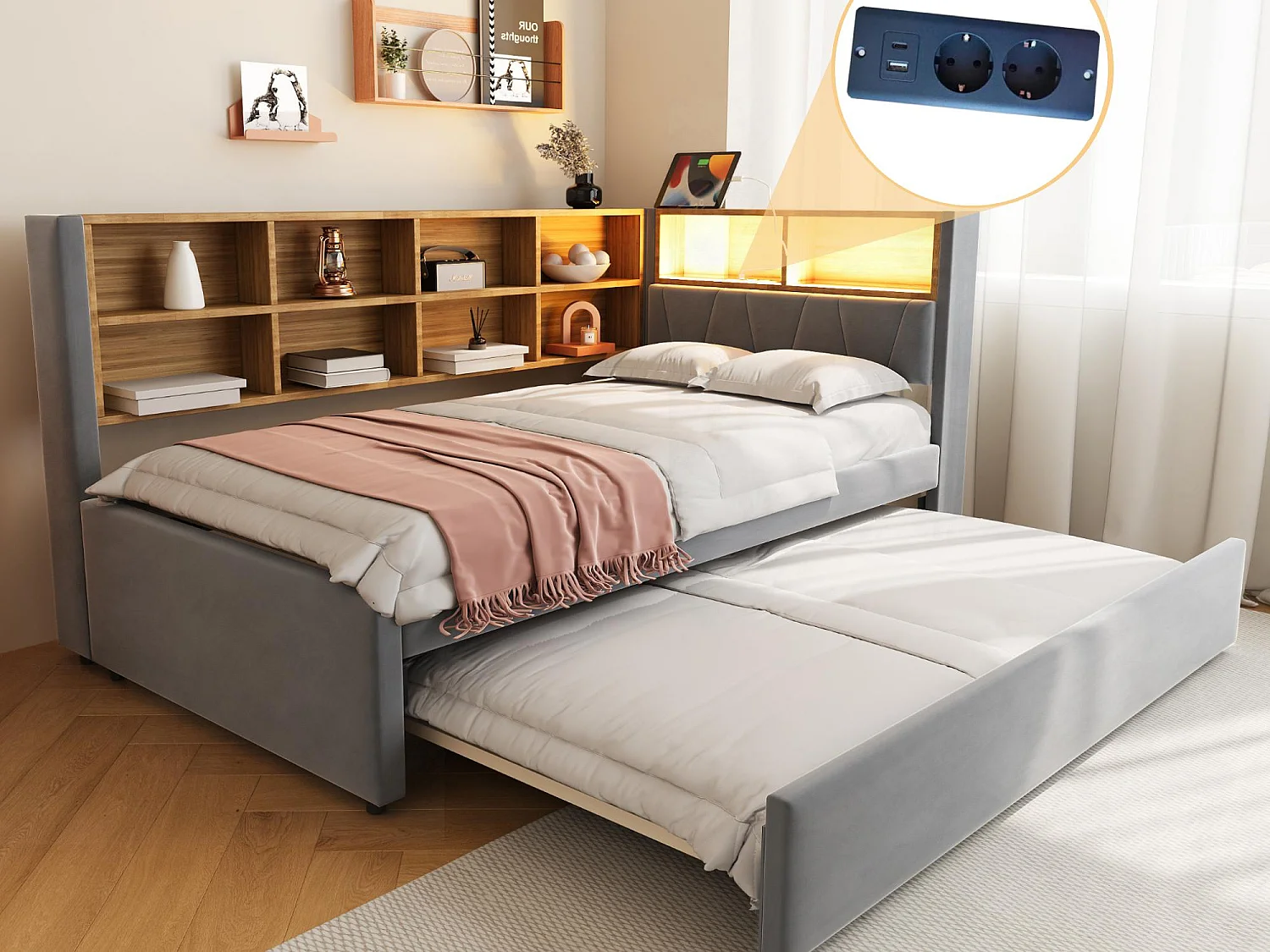 Kanapa rozkładana 90x200 - z łóżkiem wysuwanym 90x190 cm - z gniazdem USB - liczne schowki - tapicerowane łóżko - ciemnoszary (materac nie jest w zestawie) 4008782 - obrazek 1