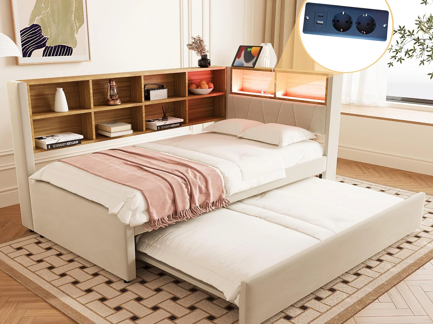 Kanapa rozkładana 90x200 - z łóżkiem wysuwanym 90x190 cm - z gniazdem USB - liczne schowki - tapicerowane łóżko - beżowe (materac nie wliczony) 4008785 - obrazek 1