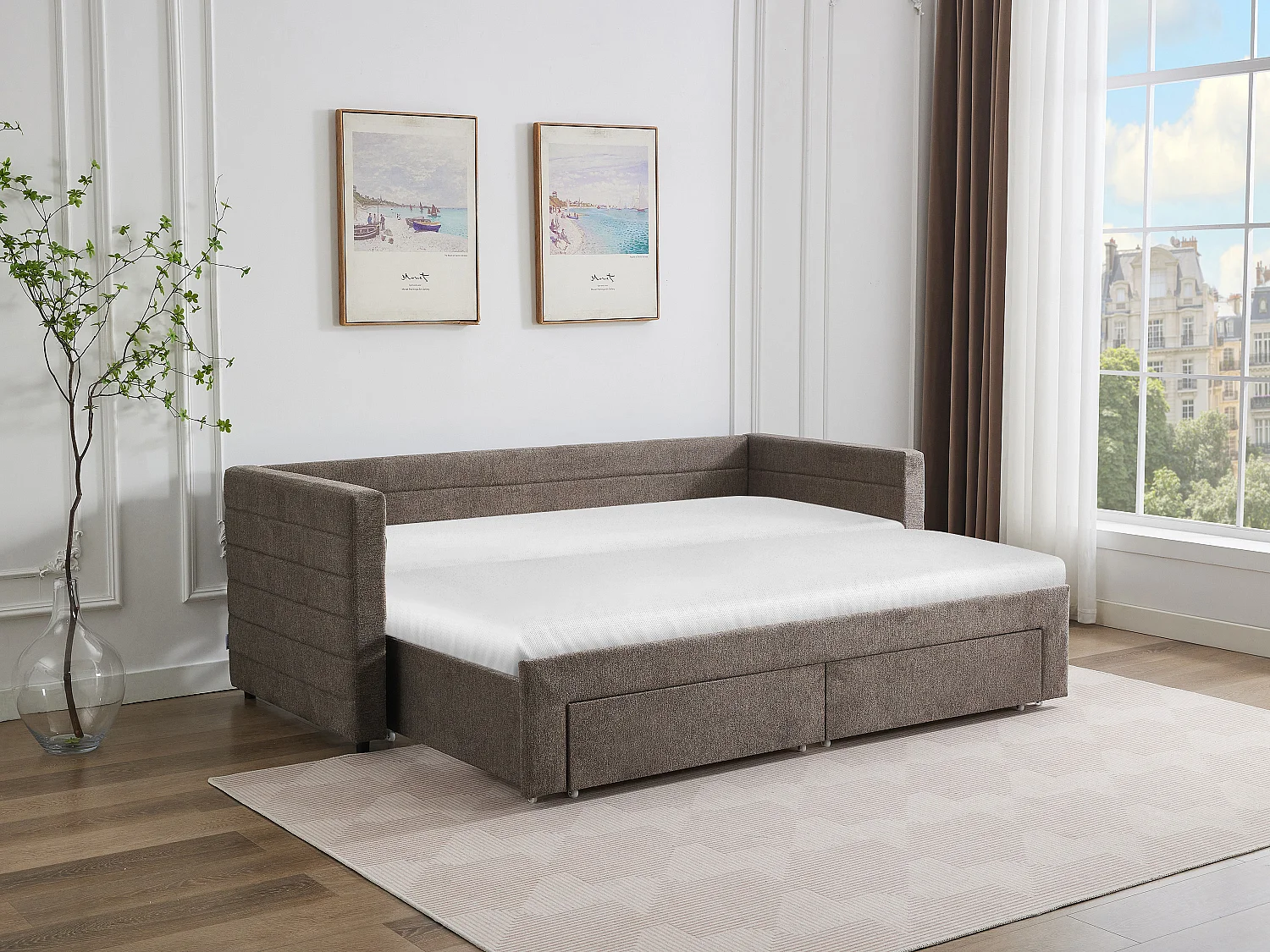 Łóżko wysuwane 2 x 80 x 200 cm – Z rozsuwanym stelażem i szufladami – Teksturowana tapicerka – Taupe + Materac – CAMITY 3794380