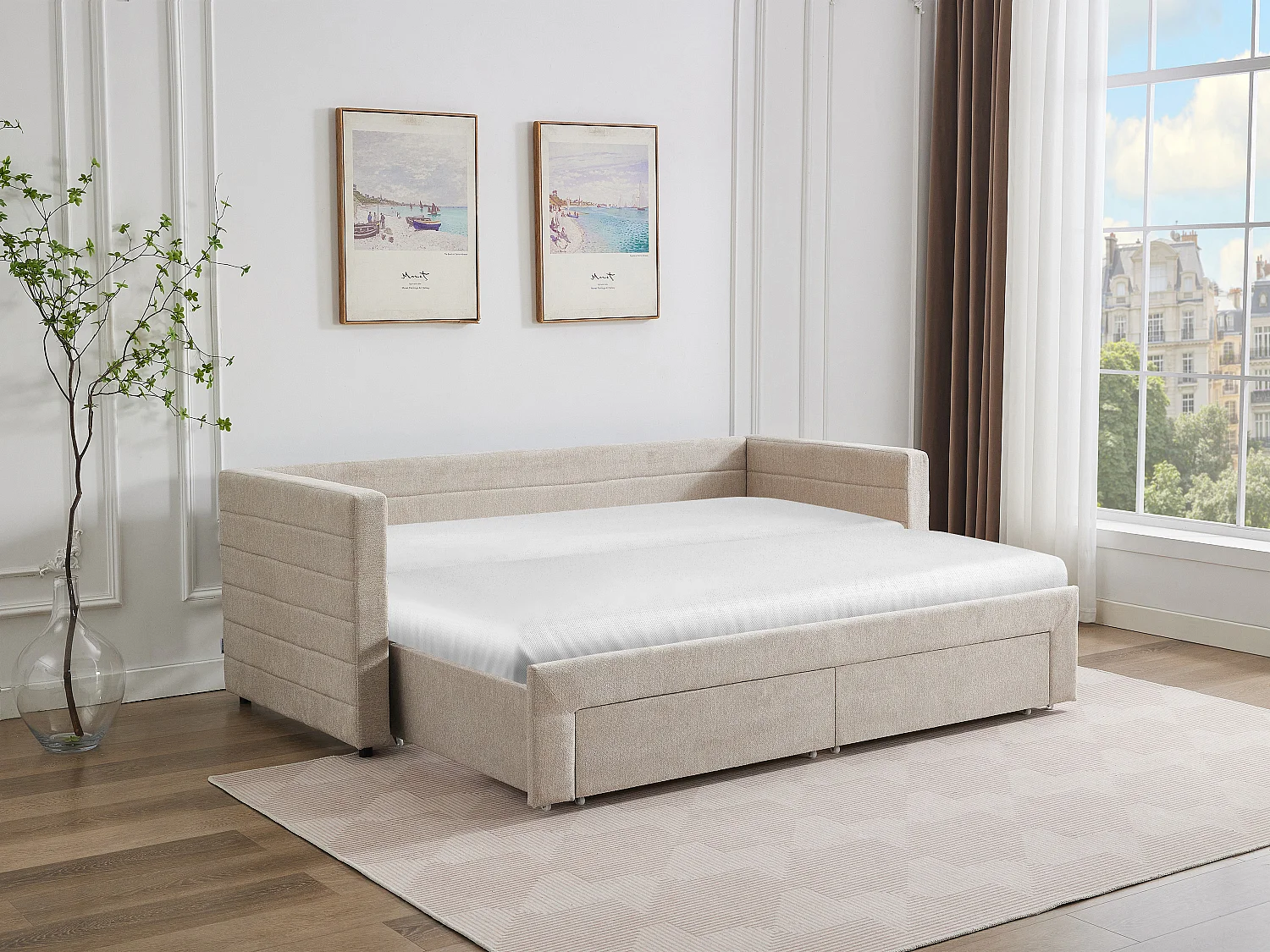 Łóżko wysuwane 2 x 80 x 200 cm - Z rozsuwanym stelażem i szufladami - Teksturowana tapicerka - Beżowy + Materac - CAMITY 3794343 - obrazek 1