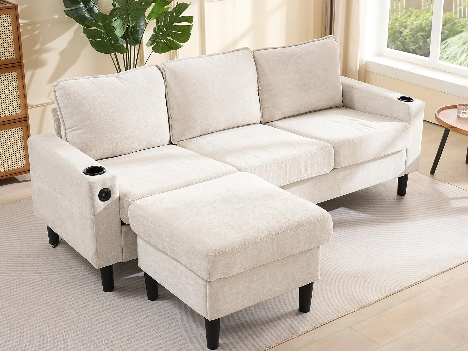 Kanapa 3-osobowa pikowana​​ - z ​​portami USB i Type-C​​ - z ​​dwoma uchwytami na kubki​​ - ​​Narożna sofa rozkładana​​ - ​​Beżowy​ 4093330 - obrazek 1