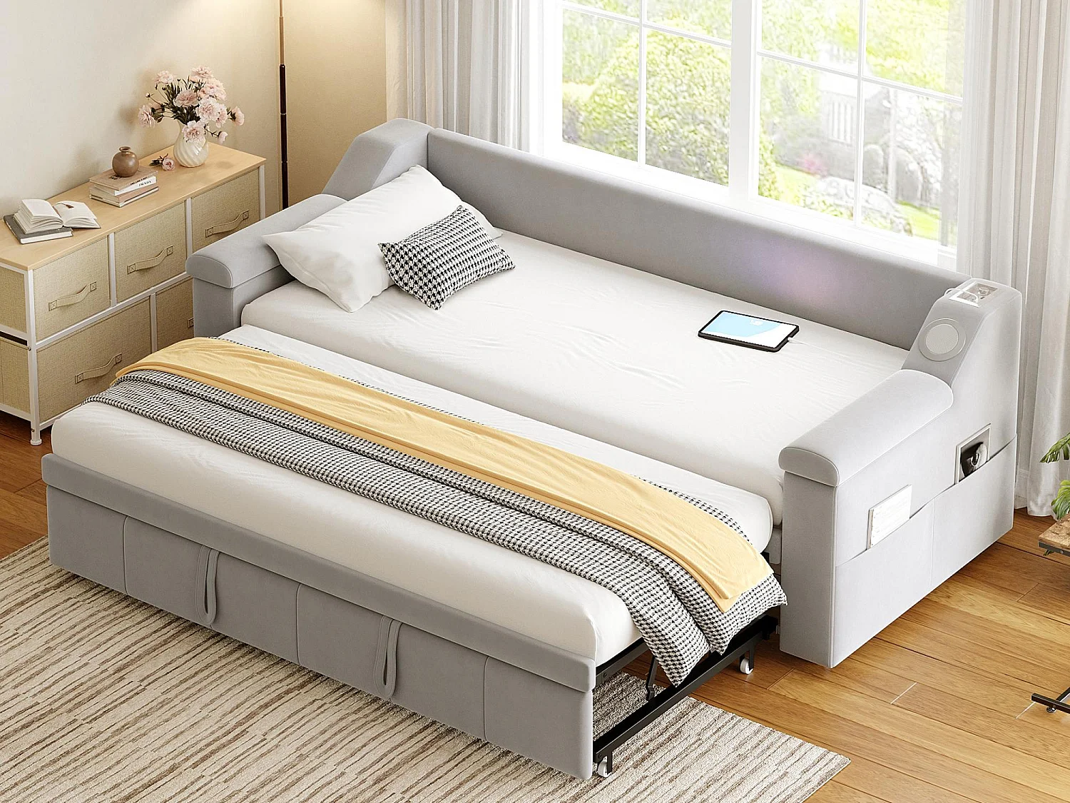 Tapicerowana sofa z łóżkiem 90x190 cm - z portem ładowania USB - z inteligentnym systemem audio Bluetooth - welurowa tkanina - jasnoszary 4098677 - obrazek 1