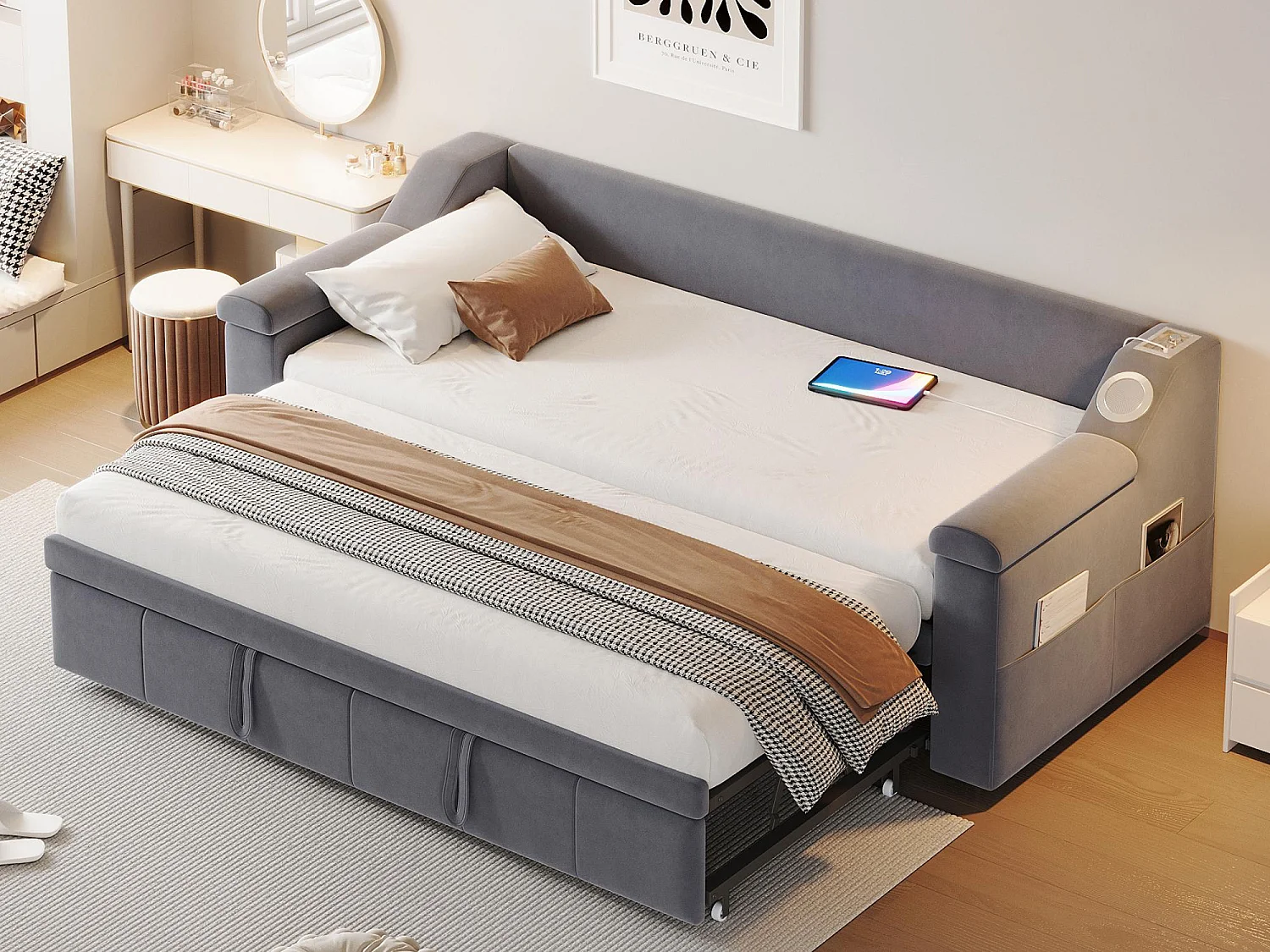 Tapicerowana sofa z łóżkiem 90x190 cm - z portem ładowania USB - z inteligentnym systemem audio Bluetooth - welurowa tkanina - ​​szary​ 4098678 - obrazek 1