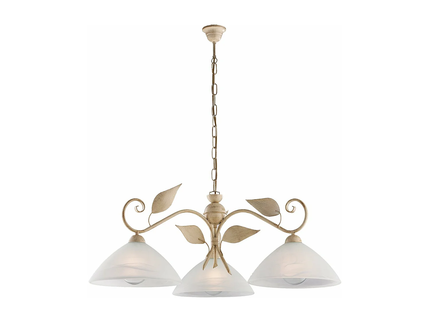 Żelazny żyrandol w kolorze kości słoniowej z dekoracją w kolorze starego złota i szklanymi kloszami, średnica 30 cm, biały alabaster, 3 lampy, x 96 cm, Ø79 cm 3788833 - obrazek 1