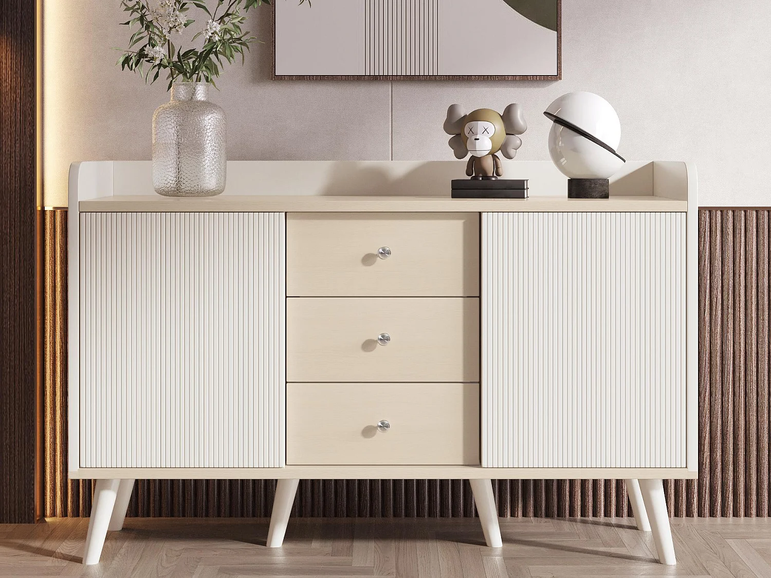 Bufet niski z 3 szufladami i 2 drzwiami – styl nowoczesny – Biały i Naturalny 1544013