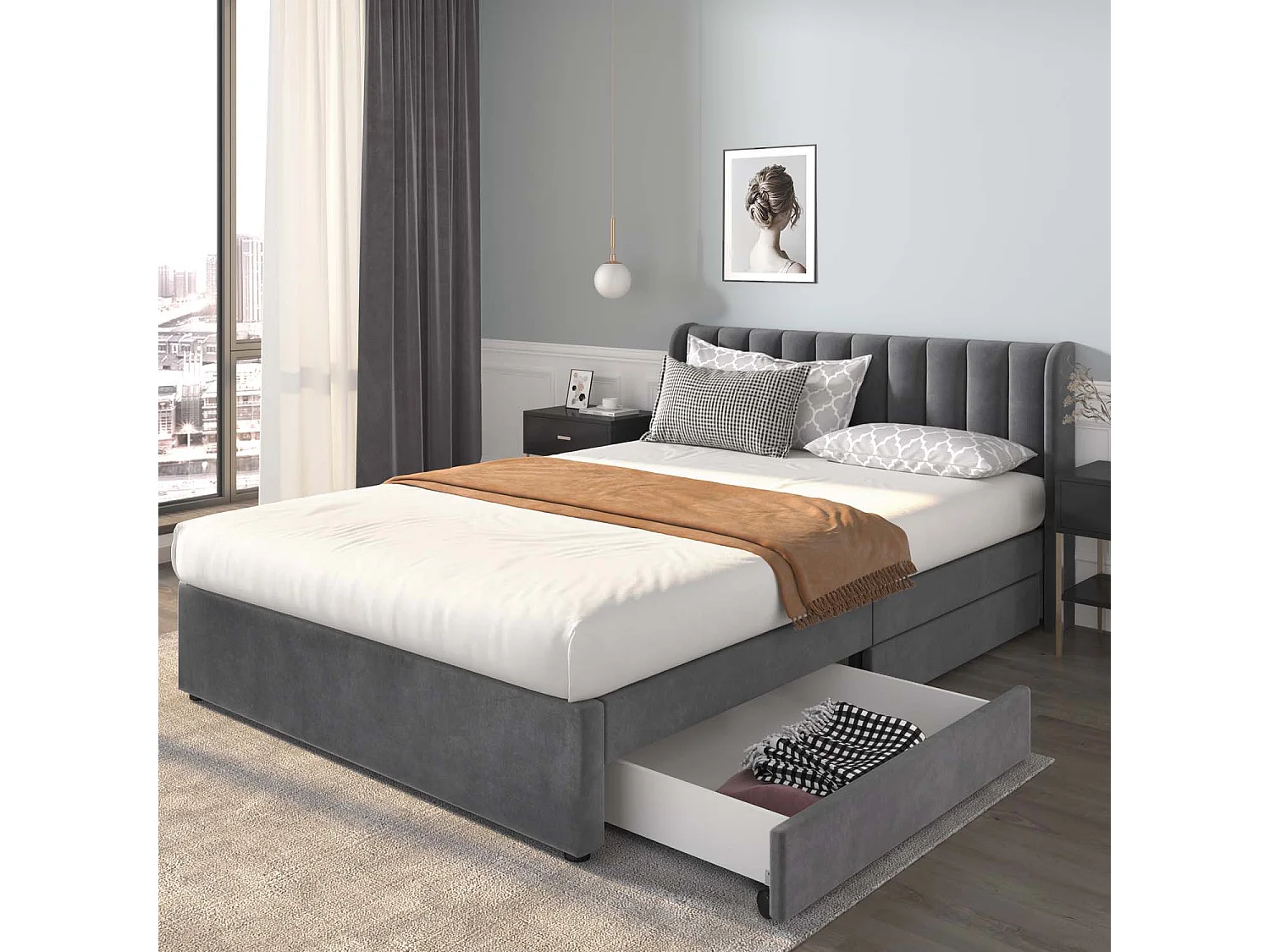 Łóżko 160x200cm z 2 szufladami - tapicerowane welurem - styl nowoczesny - Szare 1399243 - obrazek 1