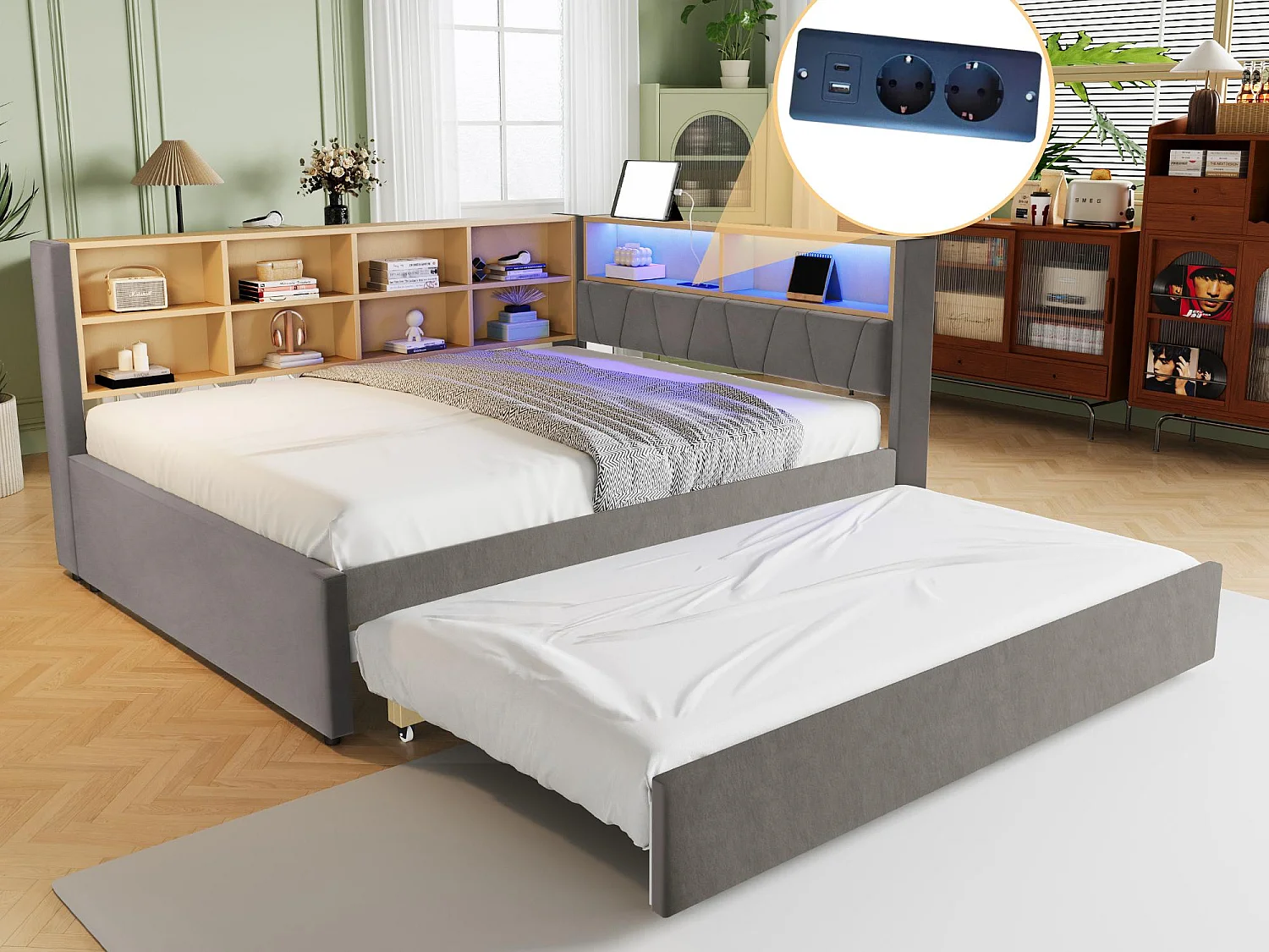 Kanapa rozkładana 140x200 - z łóżkiem wysuwanym 90x190 cm - z gniazdem USB - liczne schowki - tapicerowane łóżko - ciemnoszary (materac nie wchodzi w skład zestawu) 4008780 - obrazek 1