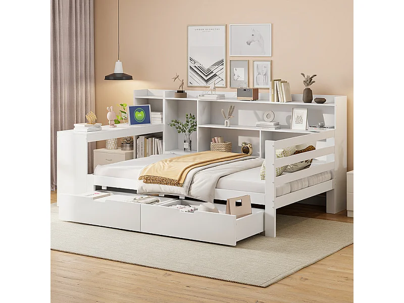 Kanapa rozkładana z litego drewna 90x200 cm - z biurkiem - biblioteka + półka - z gniazdkiem - z 2 dużymi szufladami - biała (bez materaca) 3954463 - obrazek 1