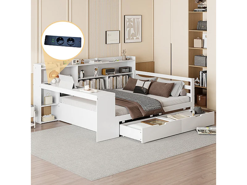 Kanapa rozkładana z litego drewna 140x200 cm - z biurkiem - biblioteczka + półka - z gniazdkiem - z 2 dużymi szufladami - biała (bez materaca) 3954468 - obrazek 1