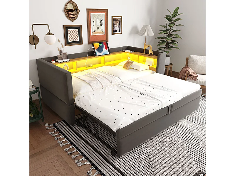 Kanapa rozkładana tapicerowana 90/180x190 cm - z oświetleniem LED - z gniazdkiem - liczne schowki - ciemnoszara (materac nie wliczony) 4008787 - obrazek 1
