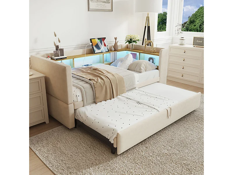 Kanapa rozkładana tapicerowana 90/180x190 cm - z oświetleniem LED - z gniazdkiem - liczne schowki - beżowa (materac nie wchodzi w skład) 4008788 - obrazek 1