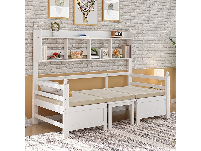 Kanapa z funkcją spania 200x90 cm - 2 w 1 łóżko i biurko - z biblioteczką - z wygodnymi poduszkami - drewno lite - białe 4031858 - obrazek 1