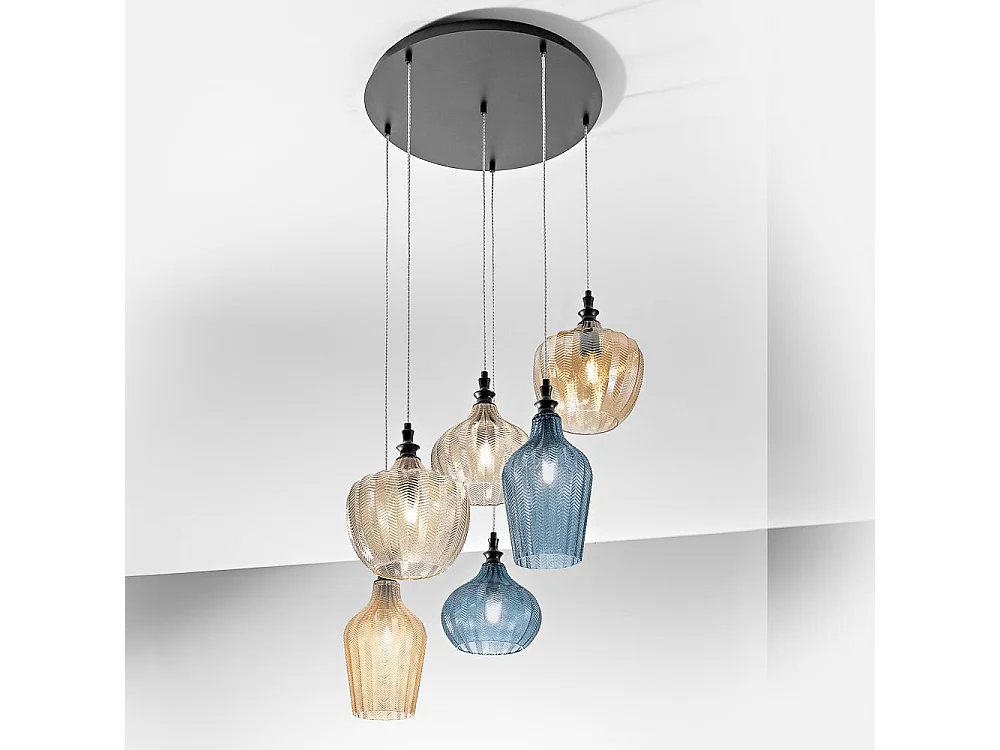 Cleofe – lampa wisząca z 6 żarówkami, w kolorze bursztynowym, ochrowym i kobaltowym – 6XE27 max 6X60W, elegancki, nowoczesny design, IP20 4104997