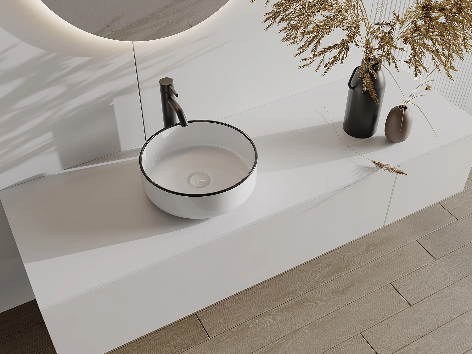 Umywalka nablatowa okrągła z ceramiki – Biały z czarnym brzegiem – 36 cm – LENISO II 3713075