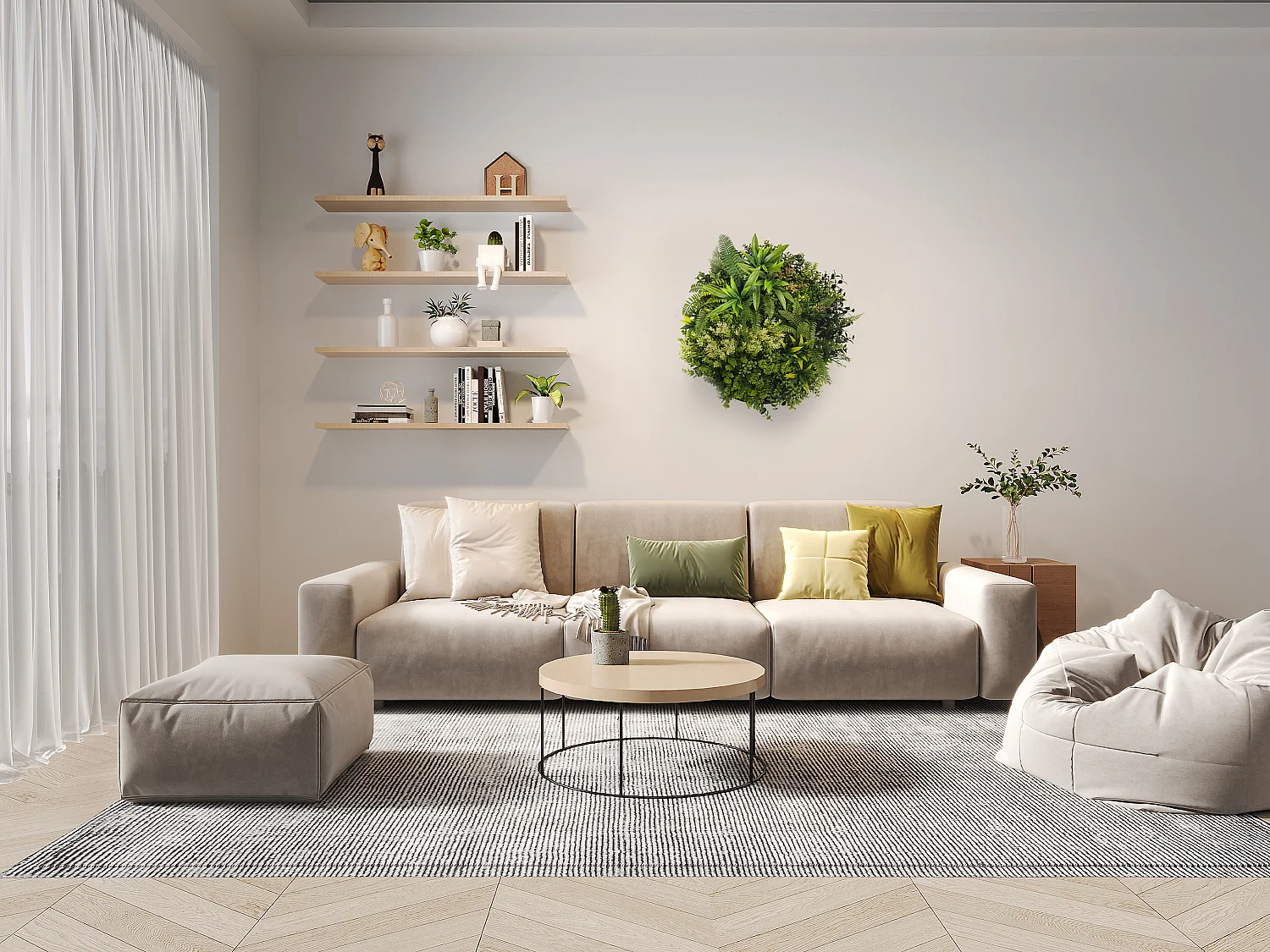 Panel dekoracyjny okrągły ze sztucznych roślin – śr. 50 cm – Naturalny obraz, zielone liście – BOISI 2550479