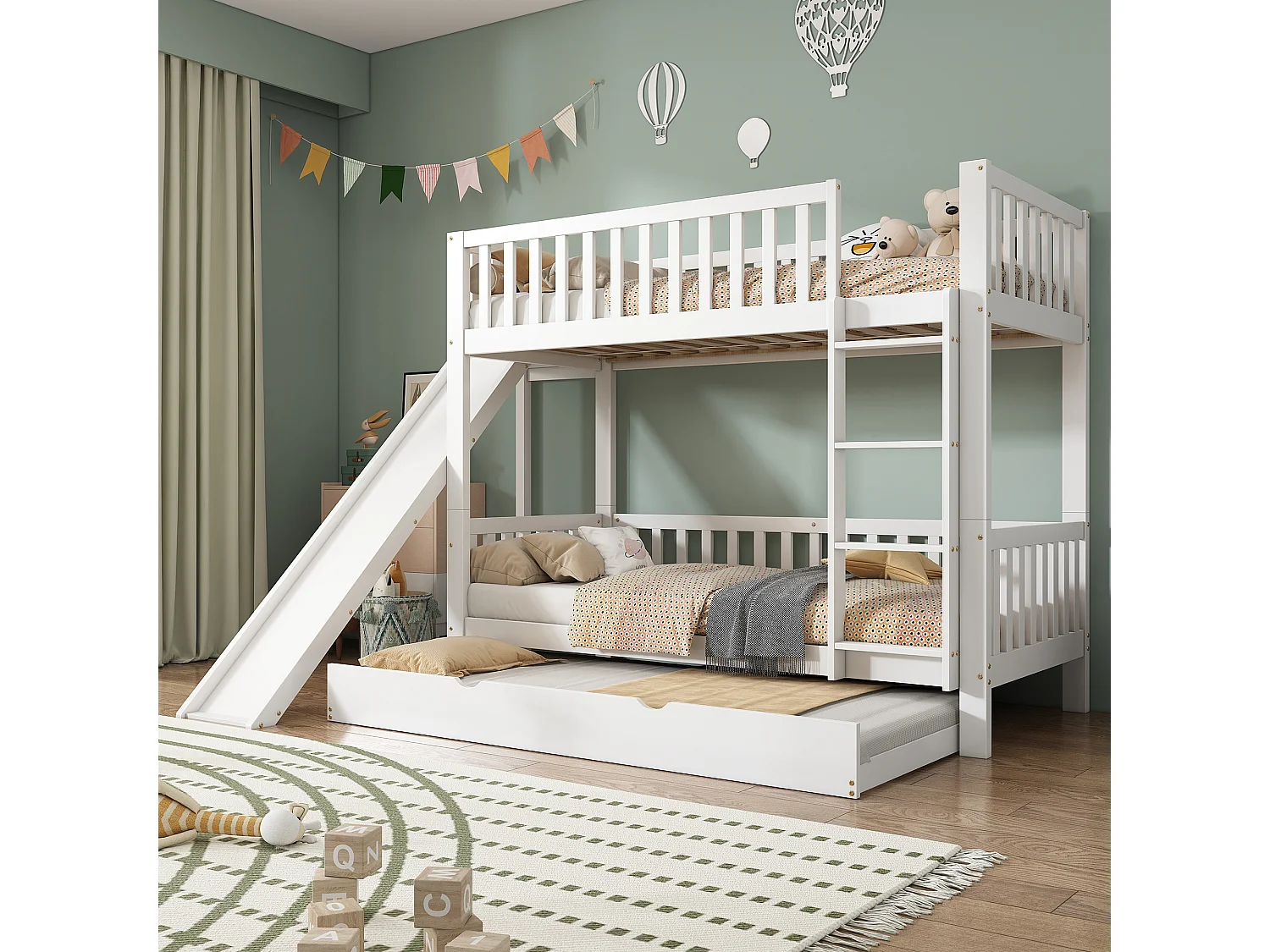 Łóżka piętrowe 2 x 90 x 200 cm + łóżko wysuwane 90 x 190 cm – zjeżdżalnia i półki – sosna + płyta MDF – kolor biały 3351728