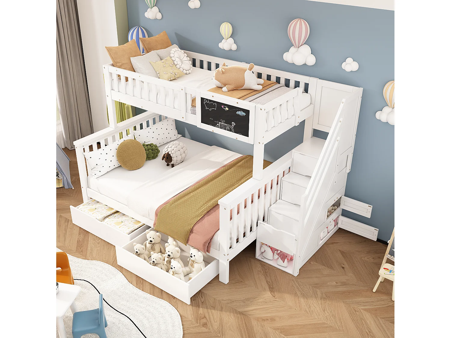 Łóżka piętrowe 90 x 200 cm + 140 x 200 cm dla dzieci z 6 szufladami i tablicą – lite drewno + płyta MDF – kolor biały 3295294