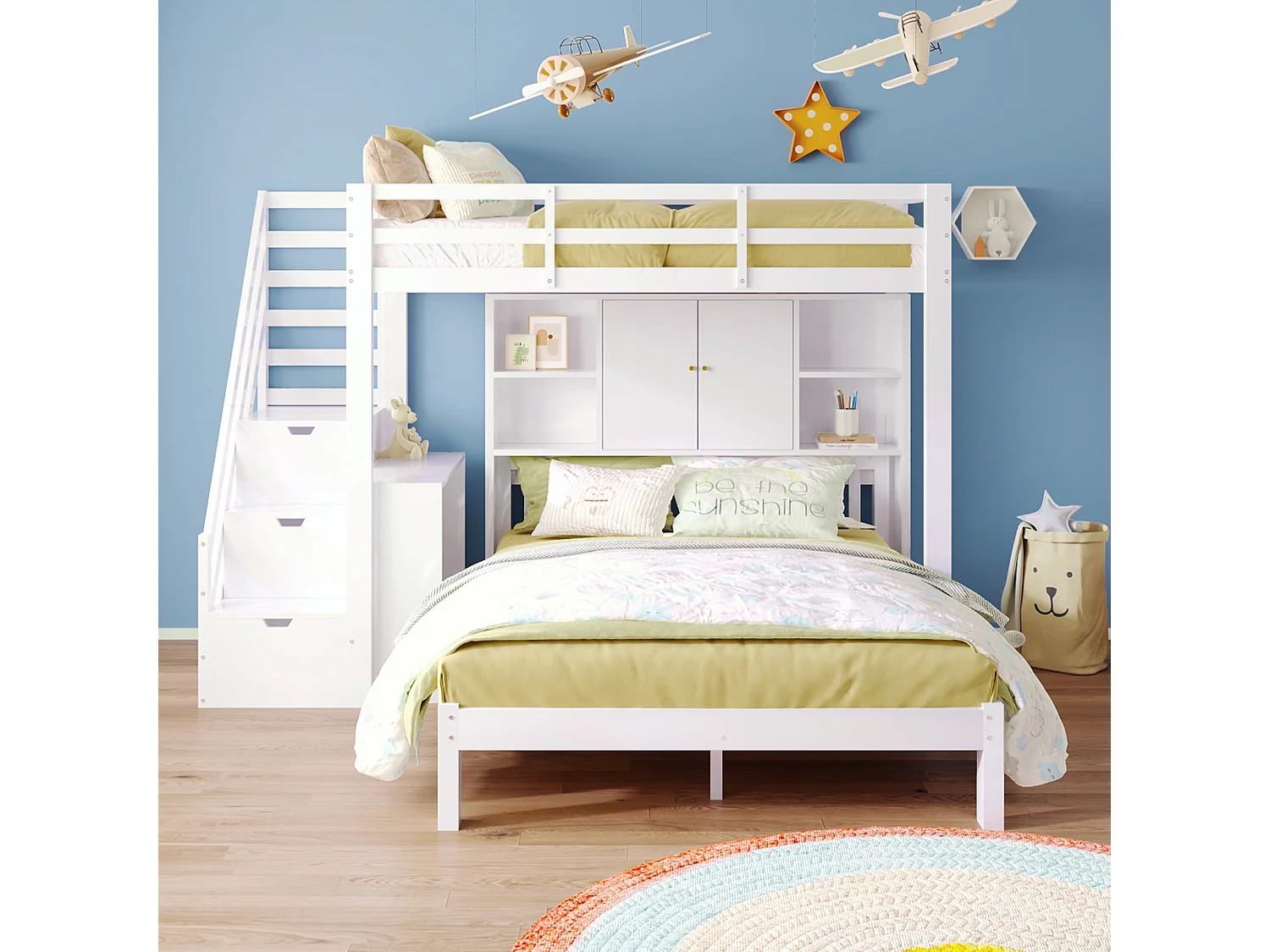 Łóżka piętrowe 90 x 200 cm + 140 x 200 cm z półką do przechowywania i 4 szufladami – lite drewno + MDF – białe 3295296