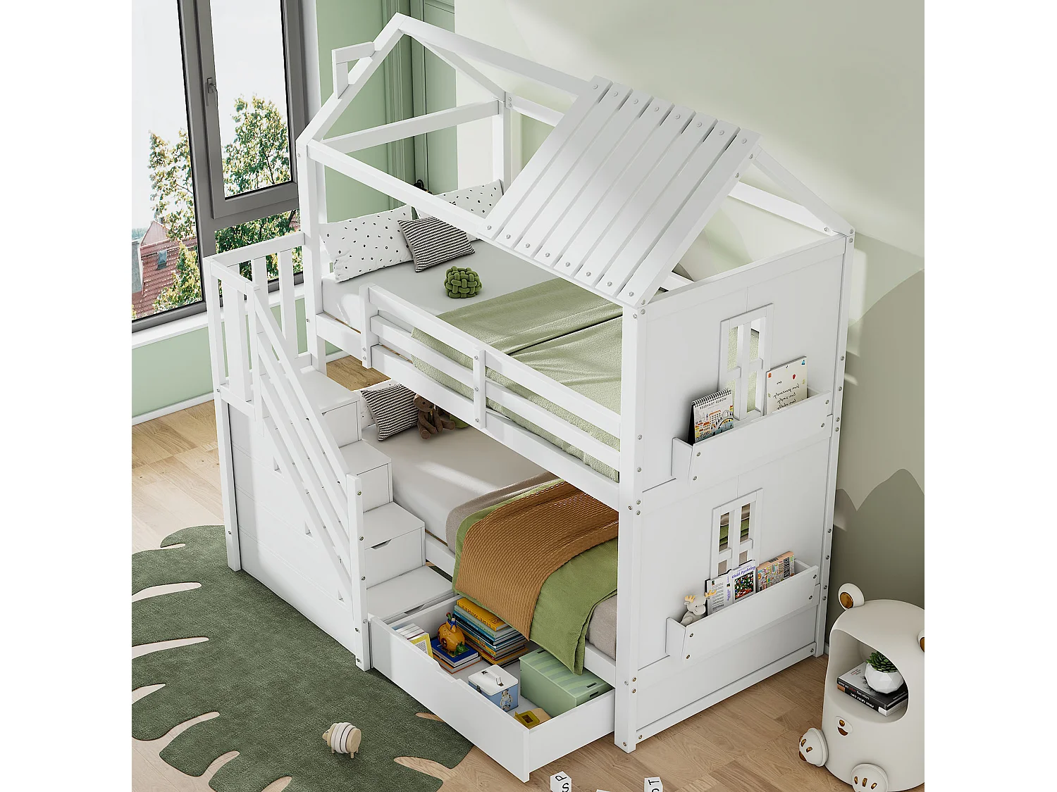 Łóżka piętrowe 2 x 90 x 200 cm ze schodkami do przechowywania, szufladami i półkami – sosna + MDF – białe (bez materaca) 3453648