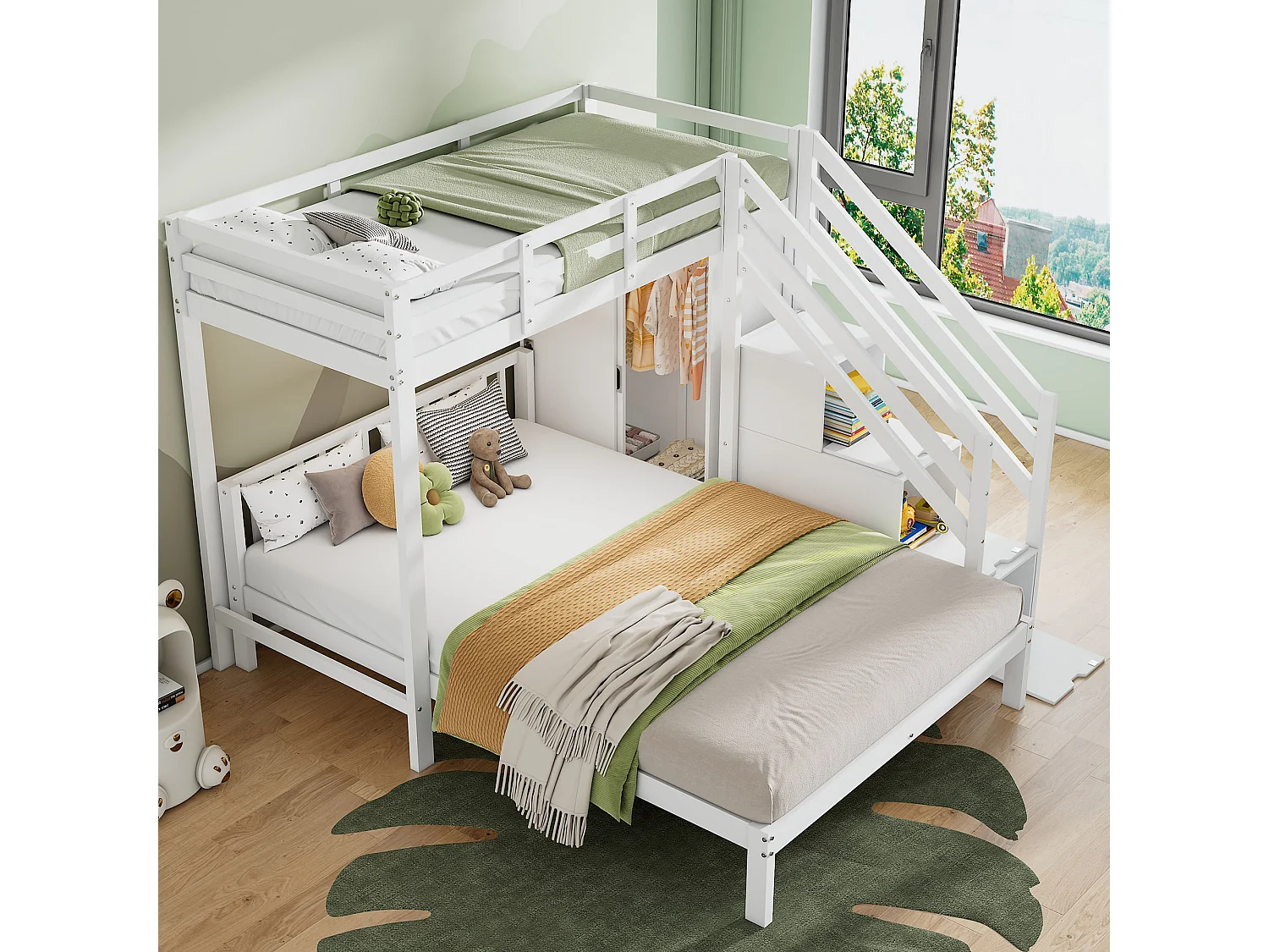 Łóżka piętrowe 90 x 200 cm + 140 x 200 cm z szafą i 4 szufladami – drewno lite + płyta MDF – kolor biały 3295299