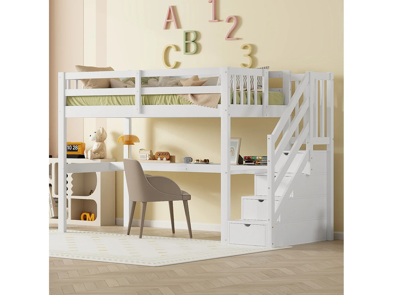 Łóżko antresola 90 x 200 cm z biurkiem i 4 szufladami - drewno sosnowe + płyta MDF - stelaż listwowy - białe 3267953 - obrazek 1