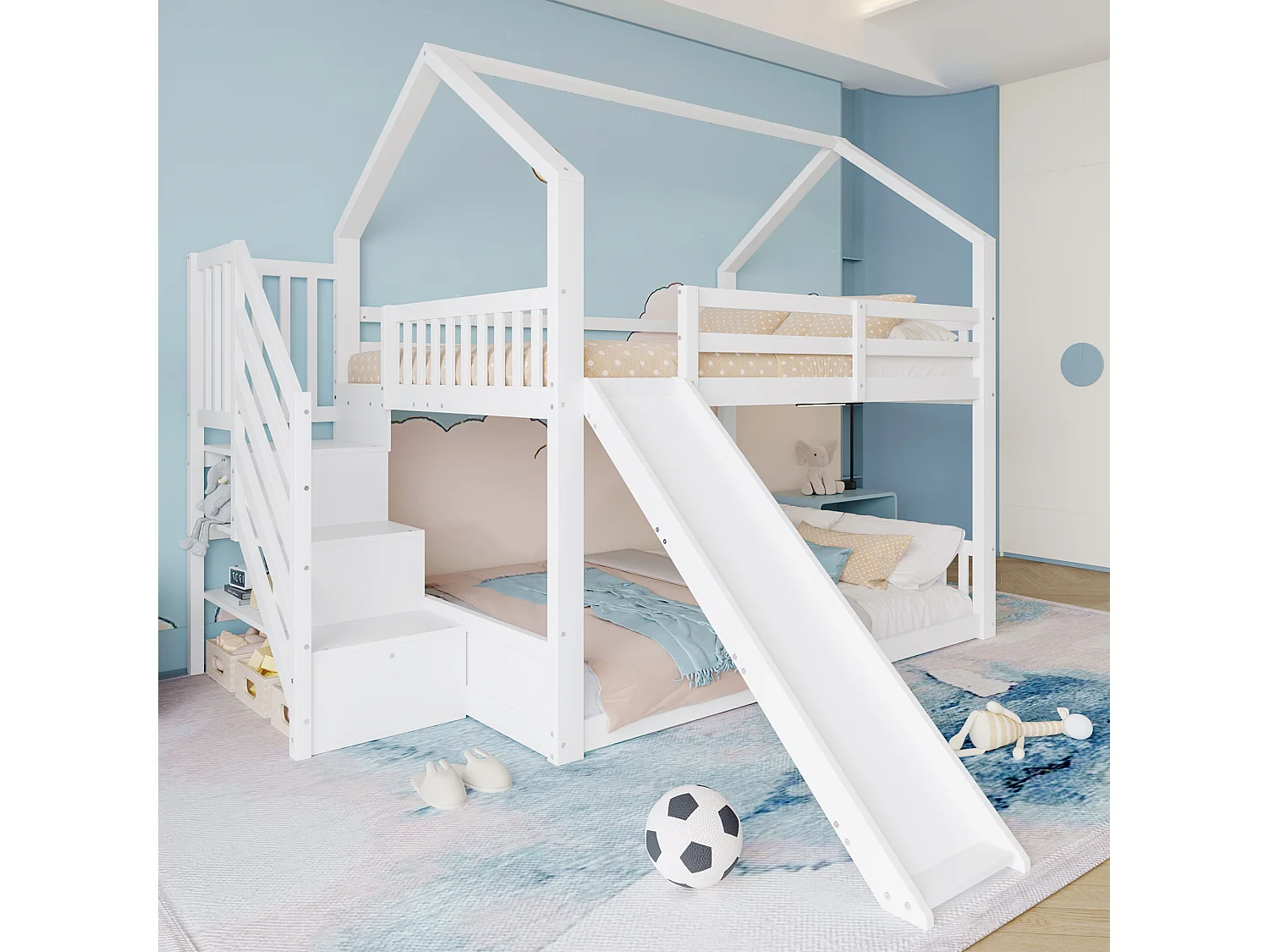 Łóżka piętrowe 2 x 140 x 200 cm – Drewno MDF – Schody do przechowywania i zjeżdżalnia – Białe 2870416