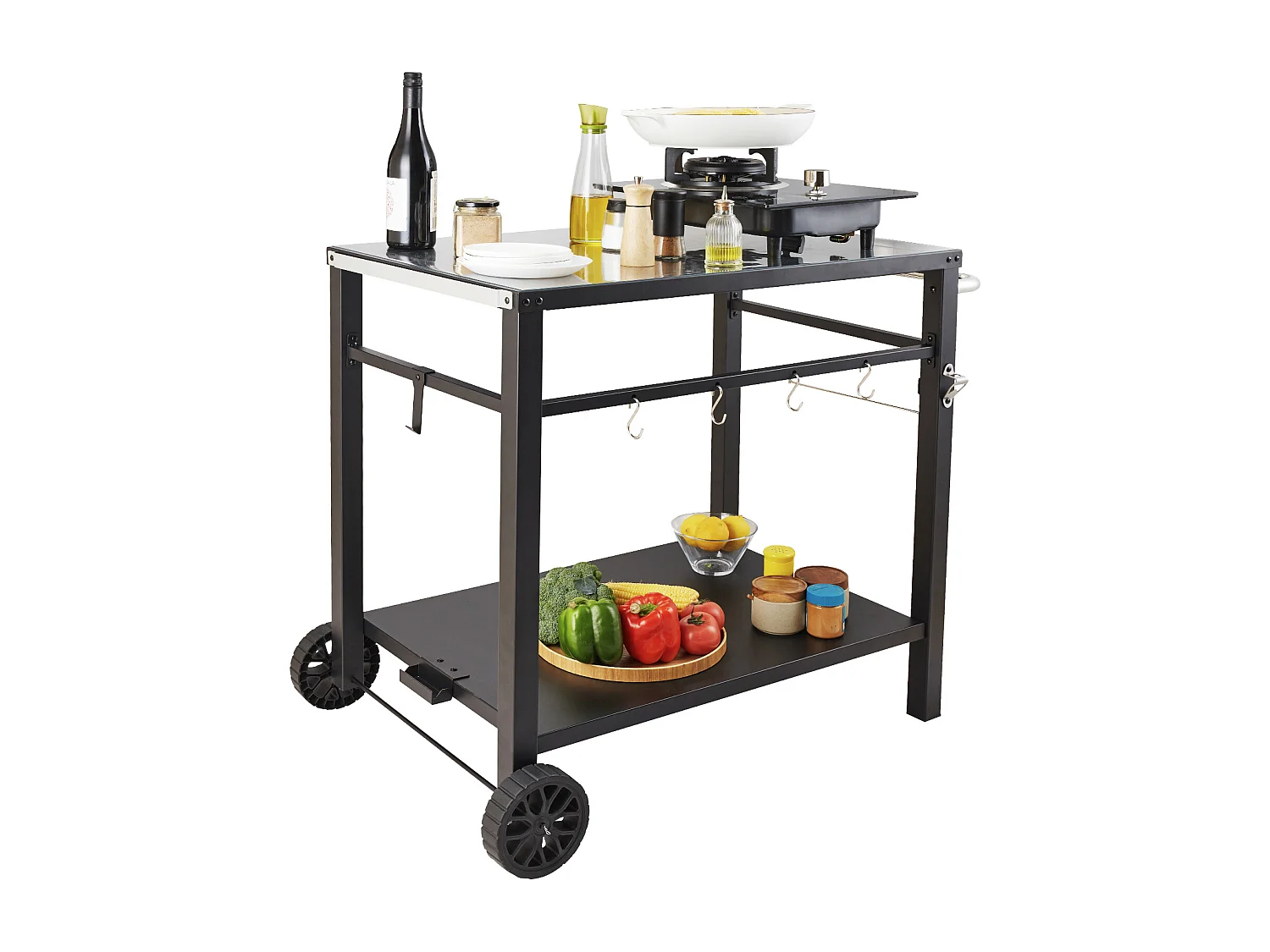 Grill Gazowy SucceBuy Wóz na Barbecue na Zewnątrz, Wóz na Barbecue z Podwójną Regałem, Mobilne Przygotowanie Jedzenia, Taras 4134166