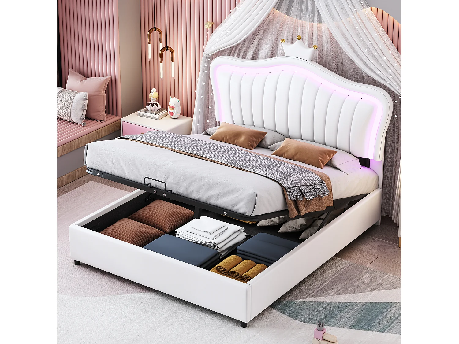 Łóżko 140×200 cm z pojemnikiem – Łóżko dziecięce z oświetleniem LED – Regulowany tapicerowany zagłówek – Biały poliuretan – Bez materaca 4137065