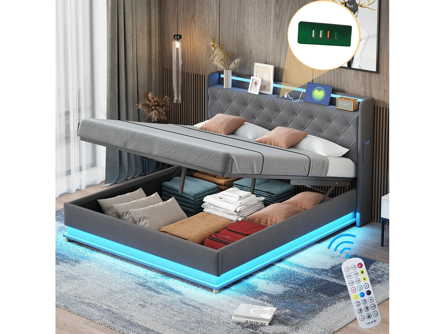 Łóżko 160x200 cm z pojemnikiem - Łóżko dla dorosłych z oświetleniem LED i ładowaniem USB - szary len - bez materaca 4137064 - obrazek 1