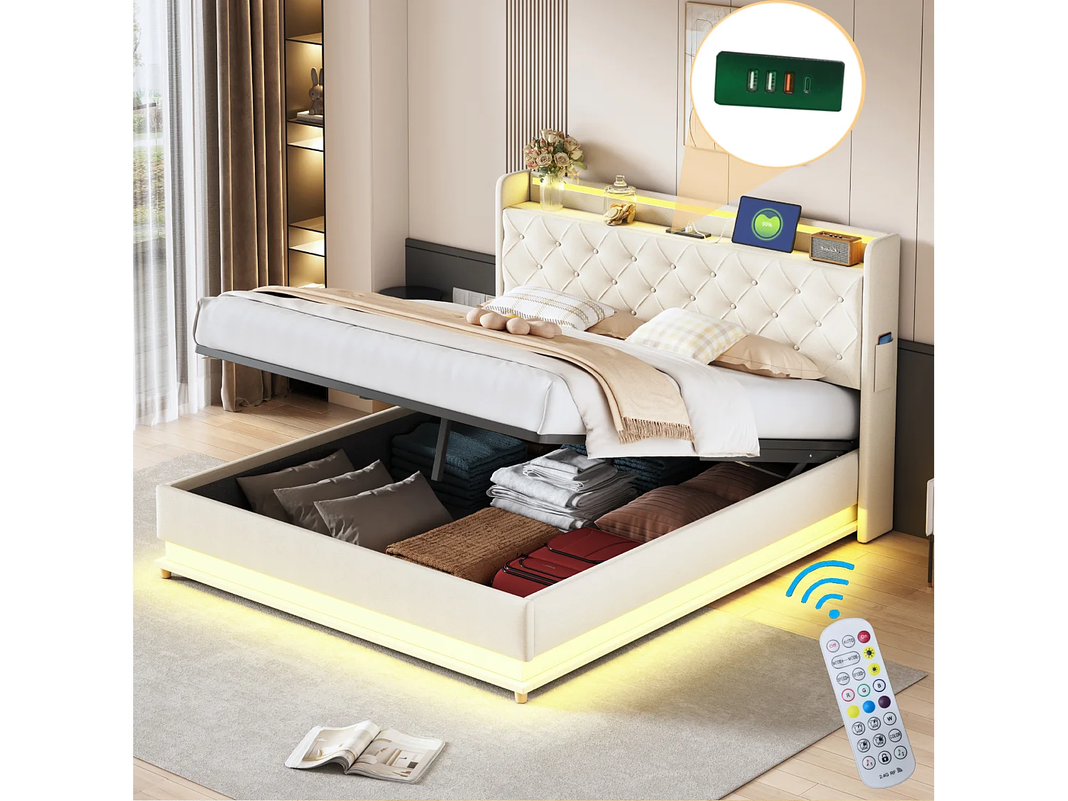 Łóżko 160x200 cm z pojemnikiem - Łóżko dla dorosłych z oświetleniem LED i ładowaniem USB - beżowy len - bez materaca 4137073 - obrazek 1