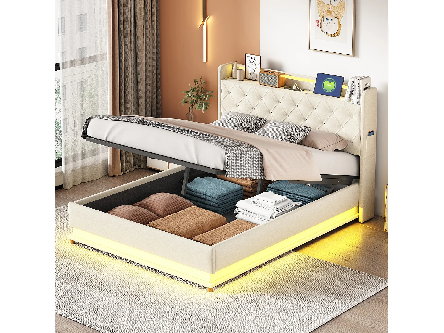 Łóżko 140×200 cm z pojemnikiem Łóżko – Łóżko dla dorosłych z oświetleniem LED i ładowaniem USB – beżowy len – bez materaca 4137077