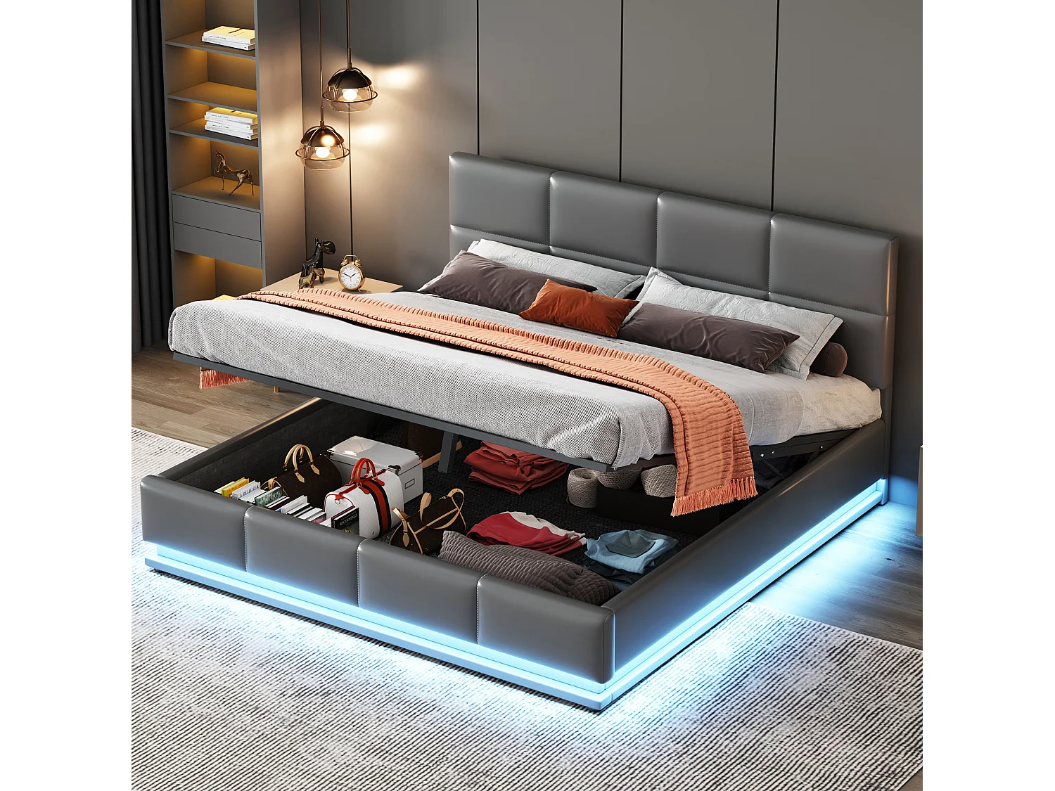 Łóżko 160x200 cm z pojemnikiem - Łóżko dla dorosłych z oświetleniem LED i regulowanym zagłówkiem - szary poliuretan - bez materaca 4137283 - obrazek 1