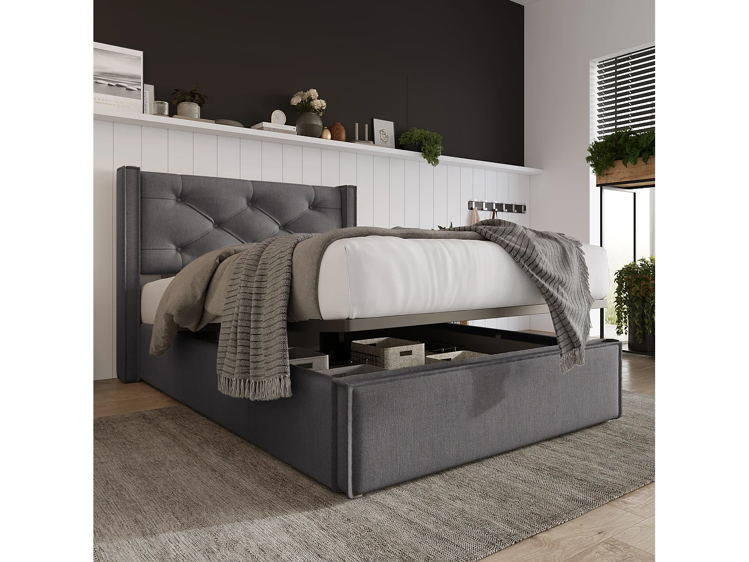 Łóżko 90x200 cm z pojemnikiem - łóżko pojedyncze z metalowym stelażem z listew - szare - bawełna - bez materaca 4137340 - obrazek 1