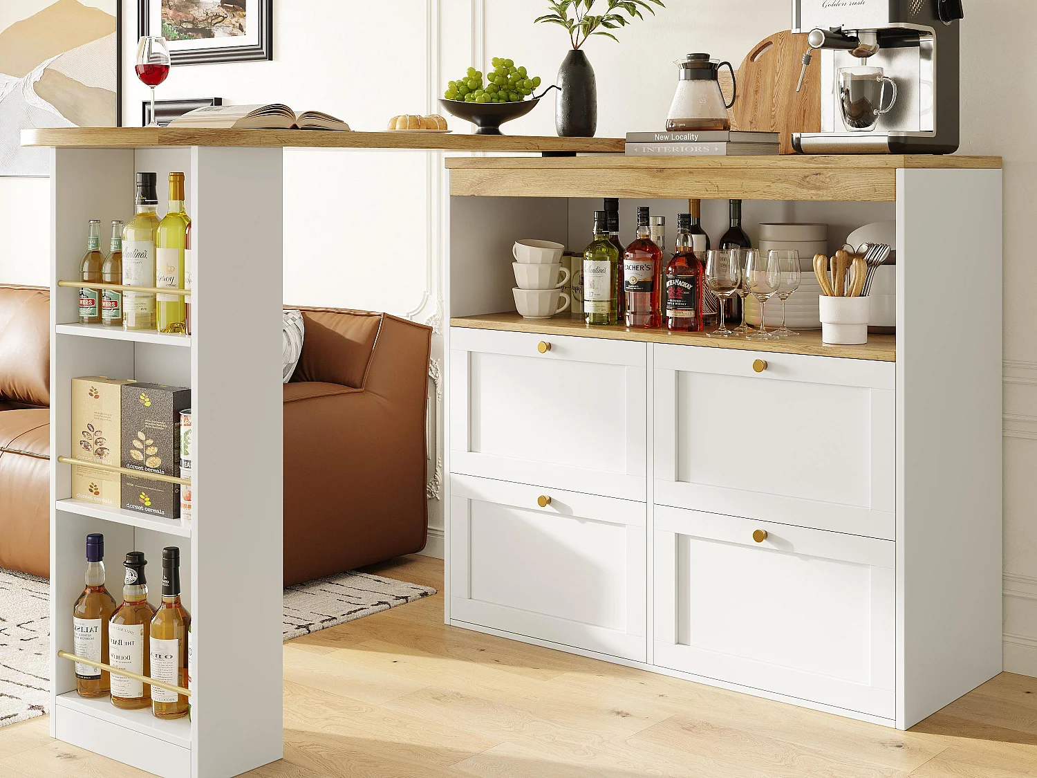 Buffet, Obrotowy i chowany mebel barowy – 4 szuflady i 4 przegródki – Biały 4141618