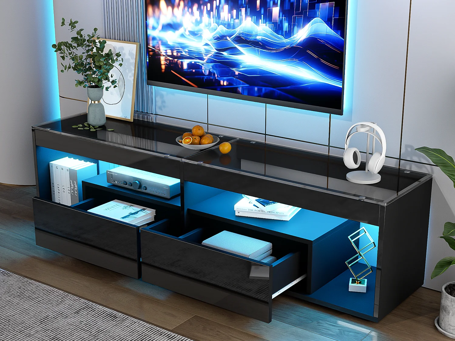 Błyszcząca szafka pod telewizor 180x50x46 cm – z 2 szufladami – z LED – do telewizorów do 70″ – czarny 4141697