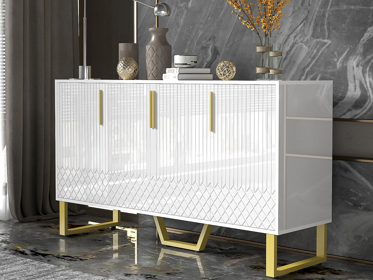 Błyszczący buffet 140x40x80 cm - z 4 drzwiami - metalowe uchwyty i nogi - biały 4141709 - obrazek 1