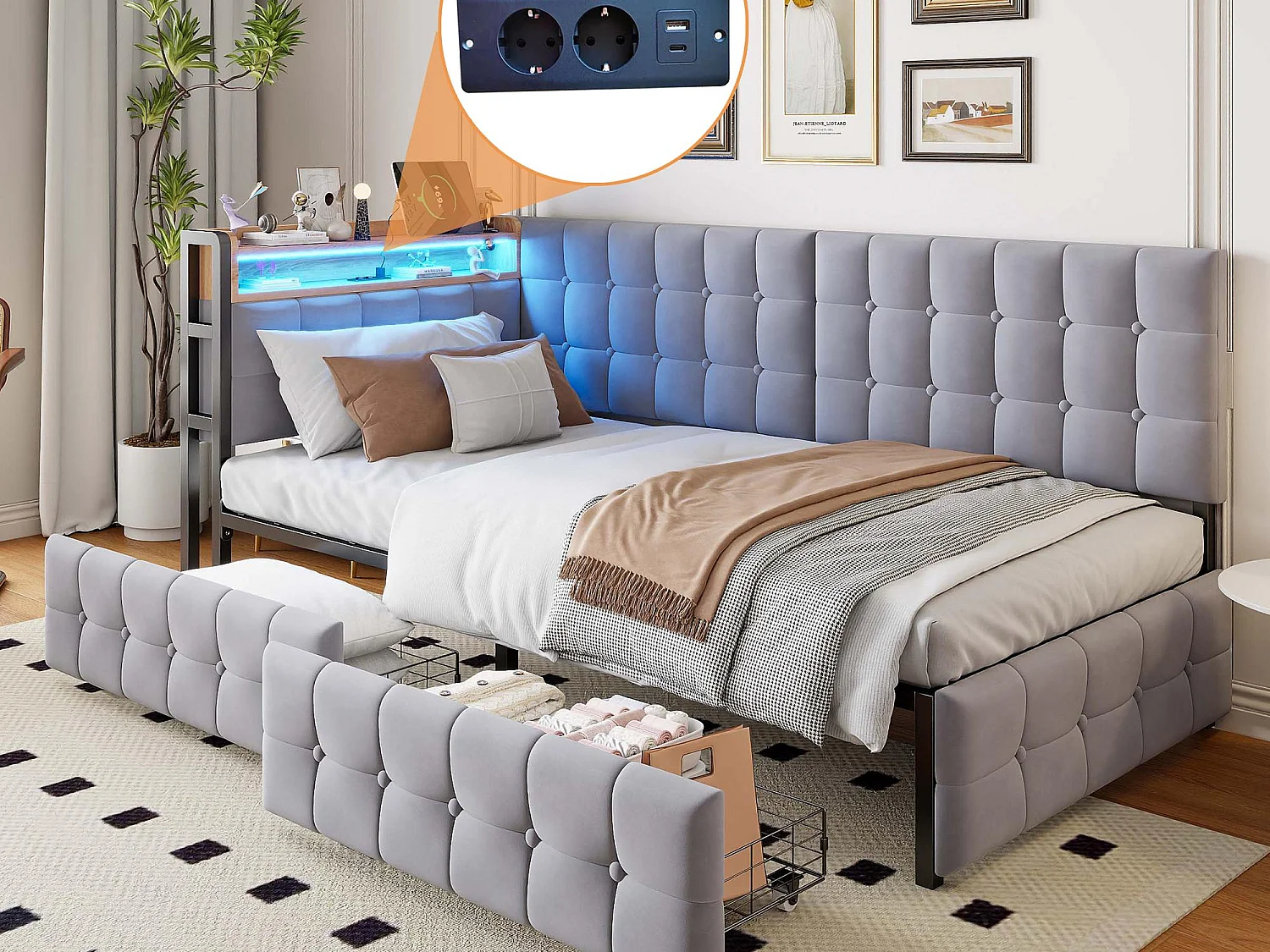 Kanapa rozkładana z tapicerką 90 x 200 cm - z 2 szufladami - z oświetleniem LED - z portami USB i Type-C - Jasnoszary (bez materaca) 4141791 - obrazek 1