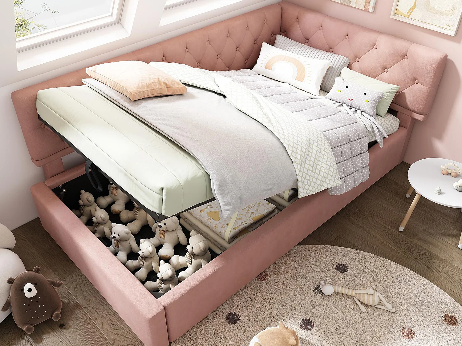 Sofa z łóżkiem 90×200 cm - z welurową tkaniną - ze stelażem listwowym - różowa (bez materaca) 4141799 - obrazek 1