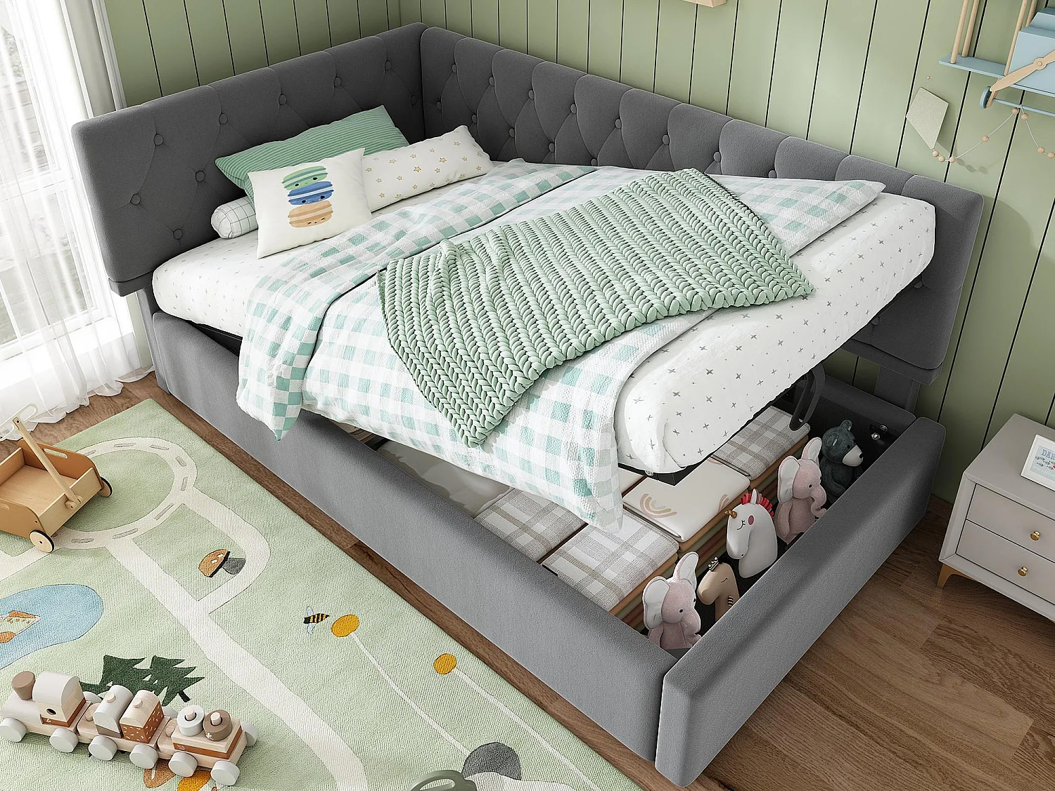 Sofa z łóżkiem 90×200 cm - z welurową tkaniną - ze stelażem listwowym - szary (bez materaca) 4141804 - obrazek 1