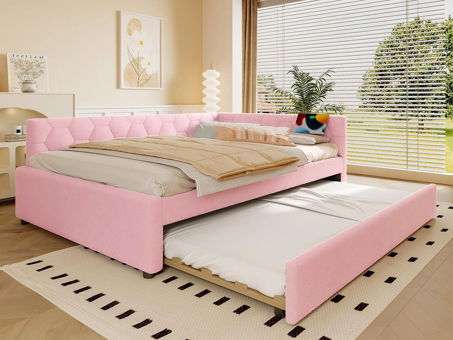 Kanapa rozkładana 140×200 cm - z łóżkiem piętrowym - z portem USB + Type-C - różowa (bez materaca) 4141806 - obrazek 1