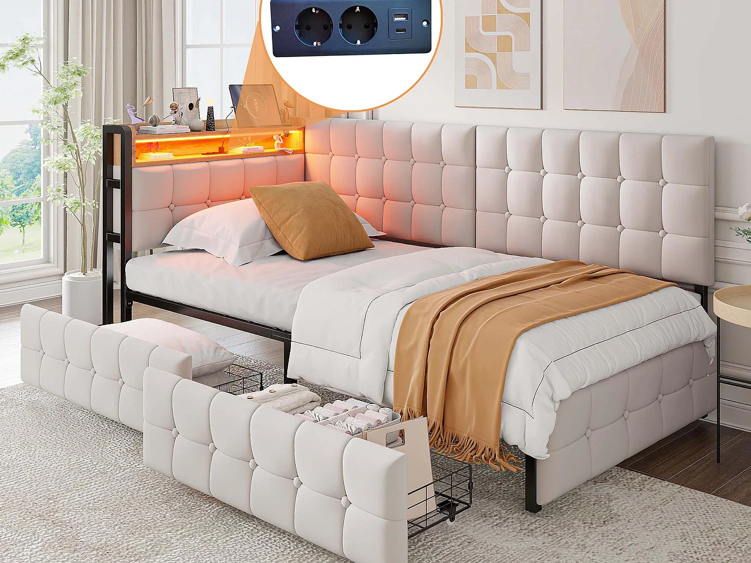 Kanapa rozkładana z tapicerką 90 x 200 cm - z 2 szufladami - z oświetleniem LED - z portami USB i Type-C - Beżowa (bez materaca) 4141814 - obrazek 1