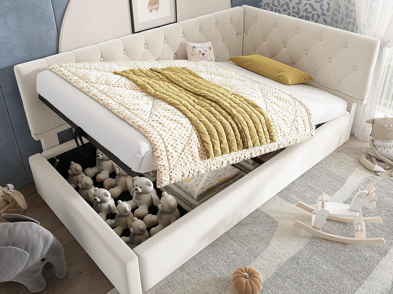 Sofa z łóżkiem 90×200 cm - z welurową tkaniną - ze stelażem listwowym - beżowa (bez materaca) 4141813 - obrazek 1
