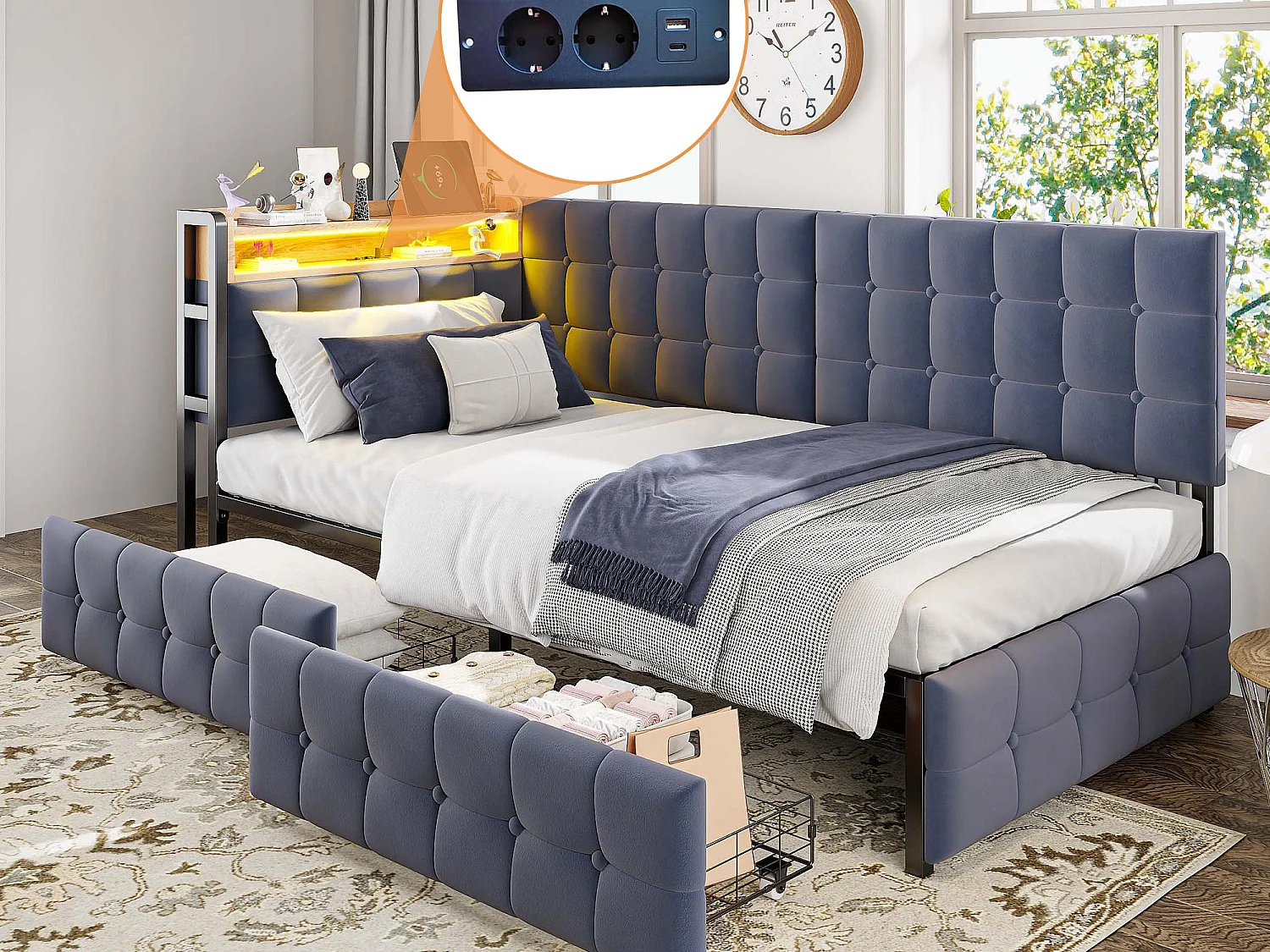Kanapa rozkładana z tapicerką 90 x 200 cm - z 2 szufladami - z oświetleniem LED - z portami USB i Type-C - Ciemnoszary (bez materaca) 4141816 - obrazek 1