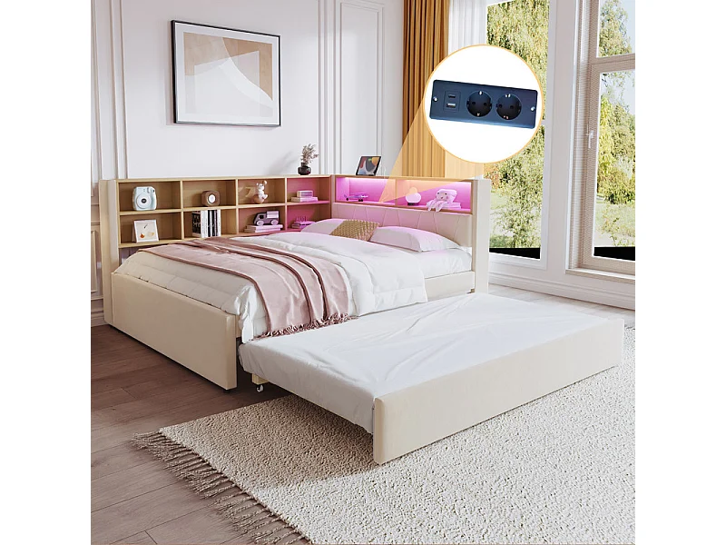Kanapa rozkładana 140x200 - z łóżkiem wysuwanym 90x190 cm - z gniazdem USB - liczne schowki - tapicerowane łóżko - beżowe (materac nie wchodzi w skład) 4008779 - obrazek 1