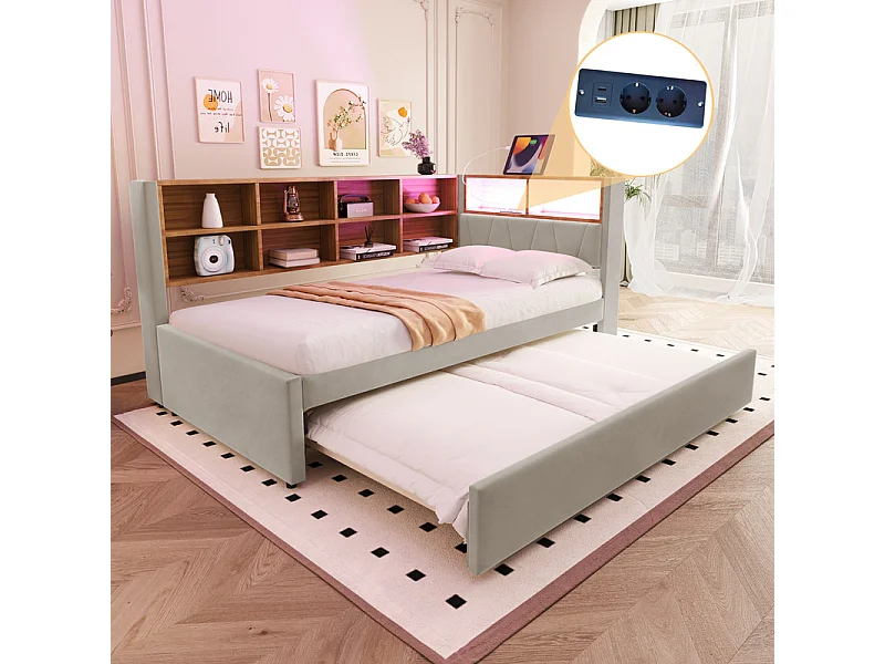 Kanapa rozkładana 90x200 - z łóżkiem wysuwanym 90x190 cm - z gniazdem USB - liczne schowki - tapicerowane łóżko - Jasnoszary (materac nie wliczony) 4008784 - obrazek 1