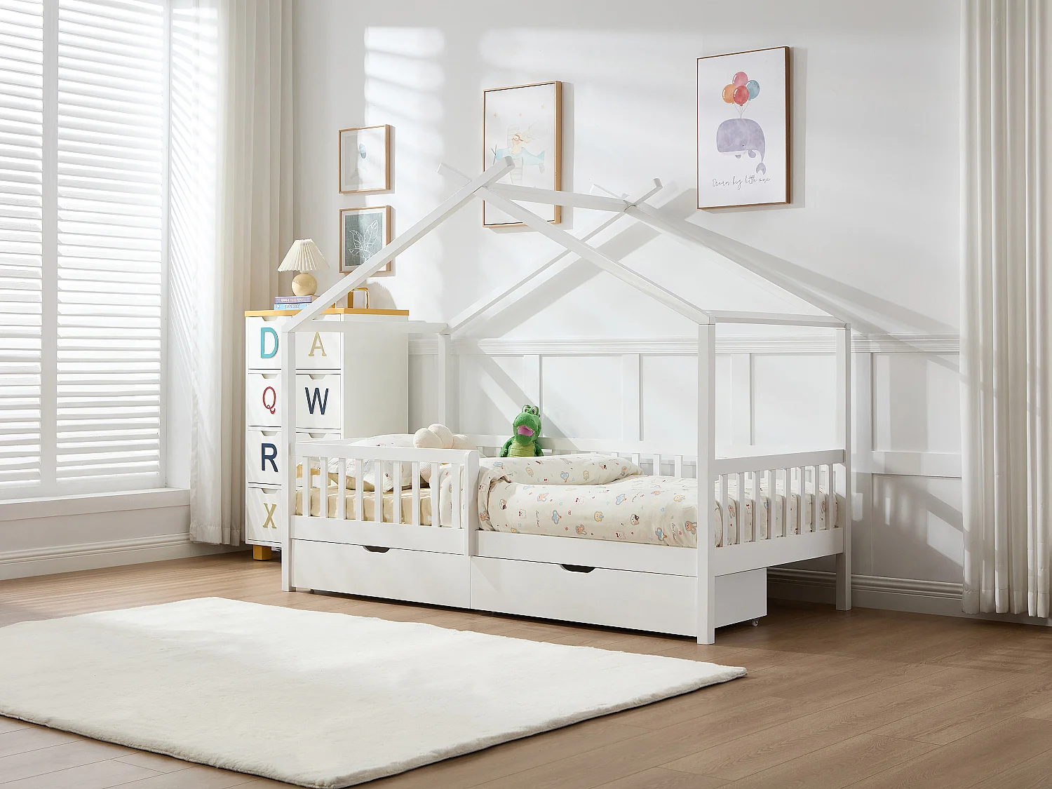 Łóżko domek 90 x 190 cm z szufladami - Drewno sosnowe i MDF - Biały - KIRALIO 3273659 - obrazek 1